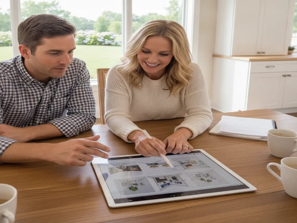 Homeowner reviewing remodel plans with a Northern California contractor in her kitchen